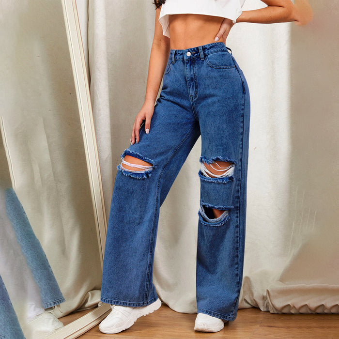 Zipper Fly Ripped Detail Wide Leg Jeans