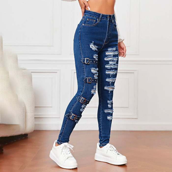 High Waist Ripped Eyelet Buckled Detail Skinny Jeans