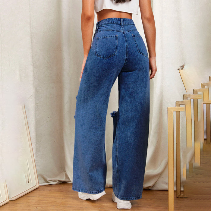 Zipper Fly Ripped Detail Wide Leg Jeans