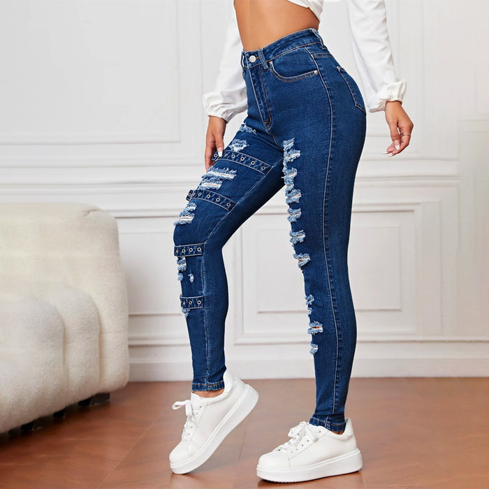 High Waist Ripped Eyelet Buckled Detail Skinny Jeans