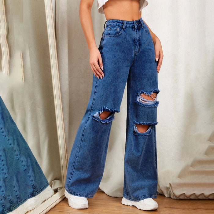 Zipper Fly Ripped Detail Wide Leg Jeans