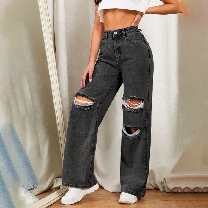 Zipper Fly Ripped Detail Wide Leg Jeans