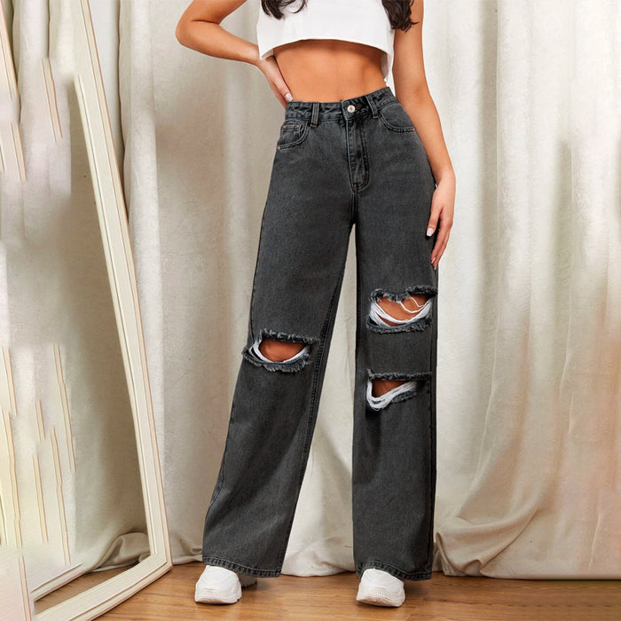 Zipper Fly Ripped Detail Wide Leg Jeans