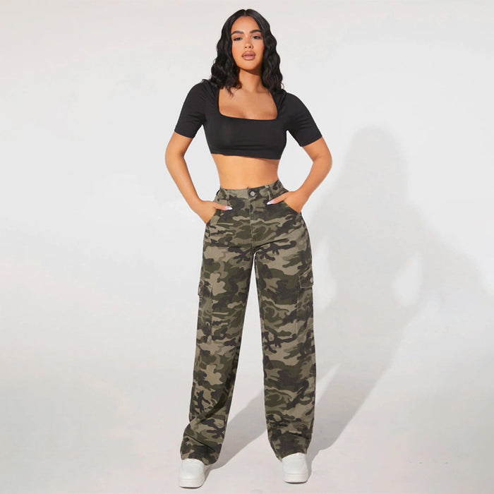 Camo Print Flap Pocket Cargo Denim Jeans