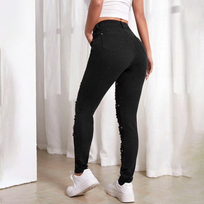 High Waist Ripped Eyelet Buckled Detail Skinny Jeans