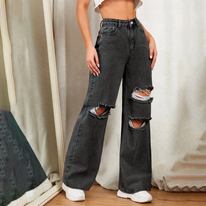 Zipper Fly Ripped Detail Wide Leg Jeans