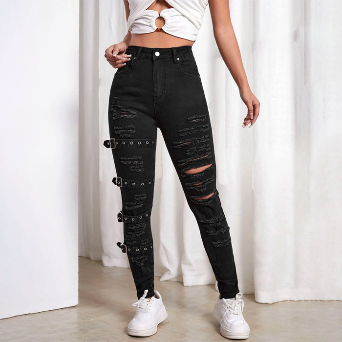 High Waist Ripped Eyelet Buckled Detail Skinny Jeans