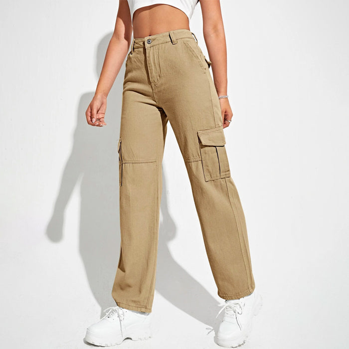 High Waist Flap Pockets Cargo Jeans