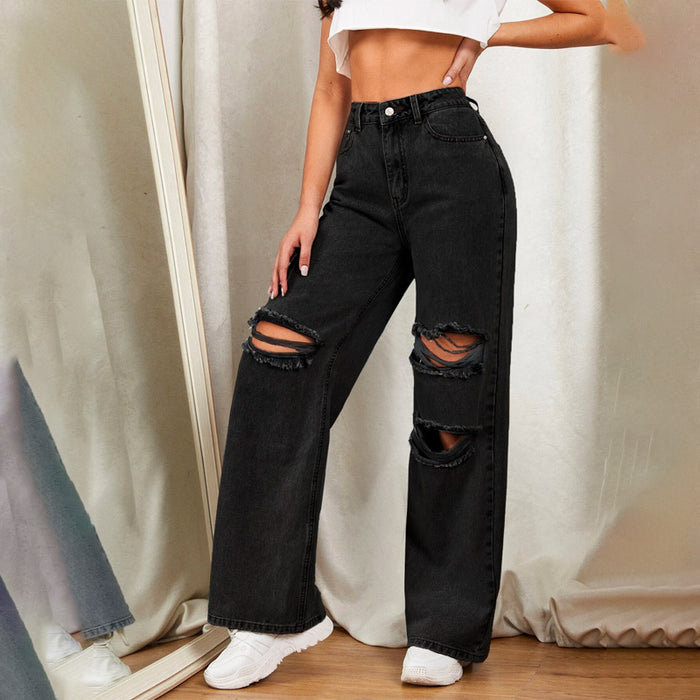 Zipper Fly Ripped Detail Wide Leg Jeans