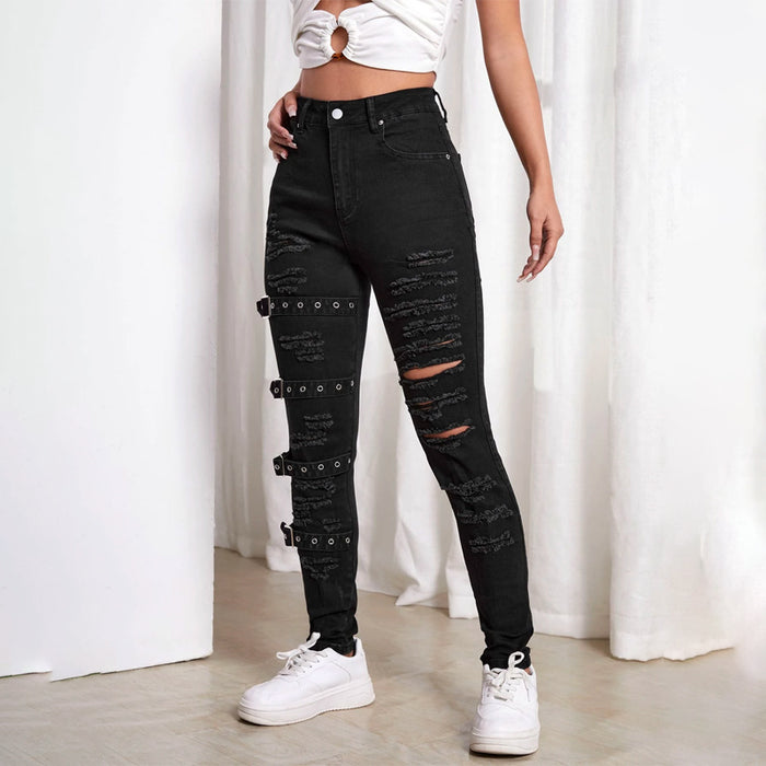 High Waist Ripped Eyelet Buckled Detail Skinny Jeans