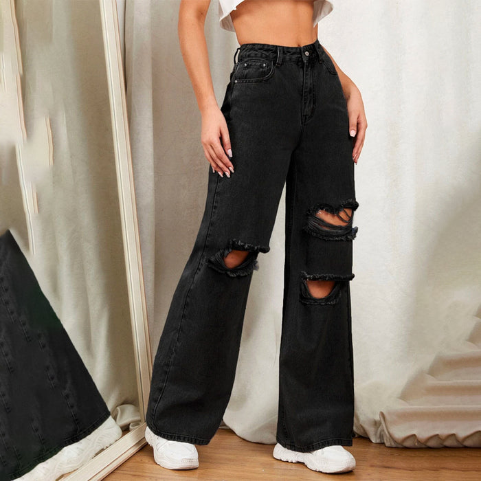 Zipper Fly Ripped Detail Wide Leg Jeans