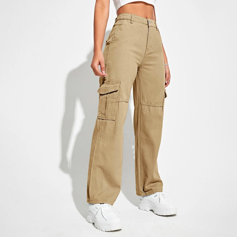 High Waist Flap Pockets Cargo Jeans