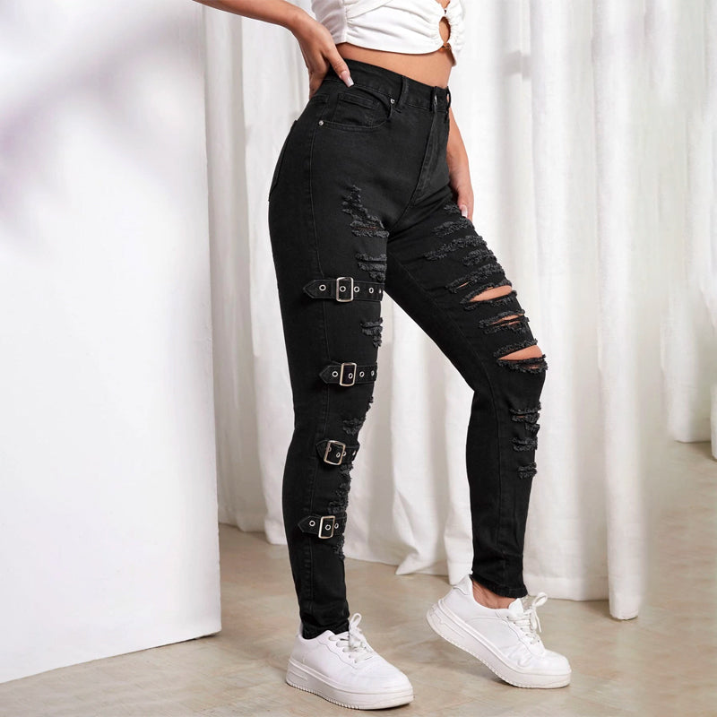High Waist Ripped Eyelet Buckled Detail Skinny Jeans