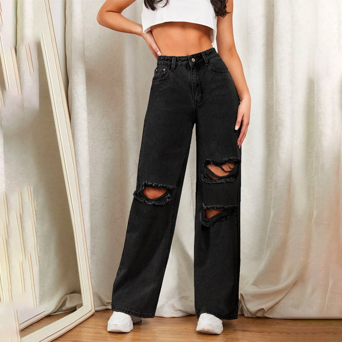 Zipper Fly Ripped Detail Wide Leg Jeans