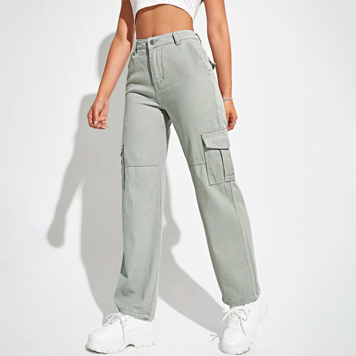 High Waist Flap Pockets Cargo Jeans