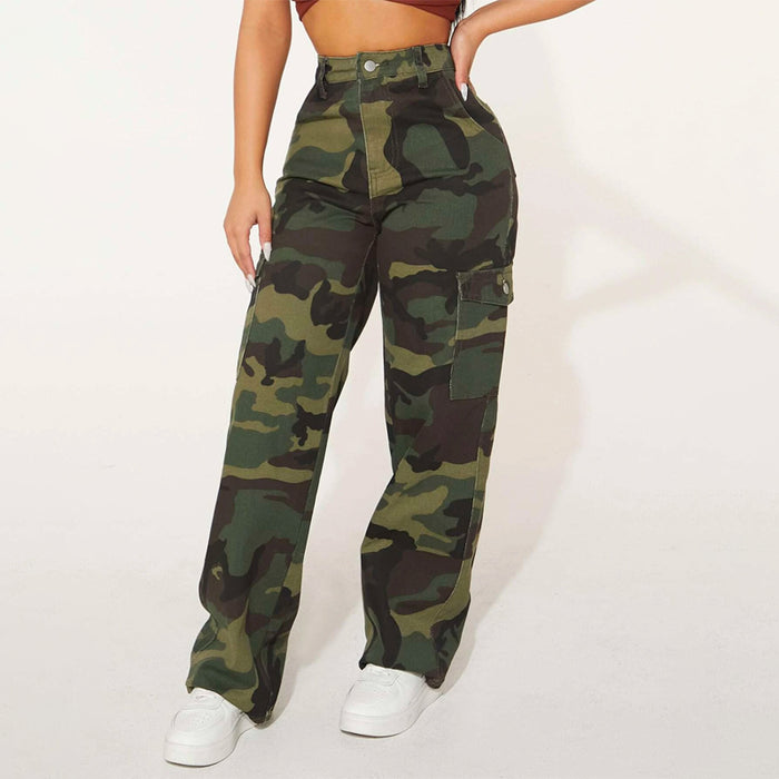 Camo Print Flap Pocket Cargo Denim Jeans