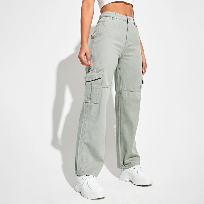 High Waist Flap Pockets Cargo Jeans