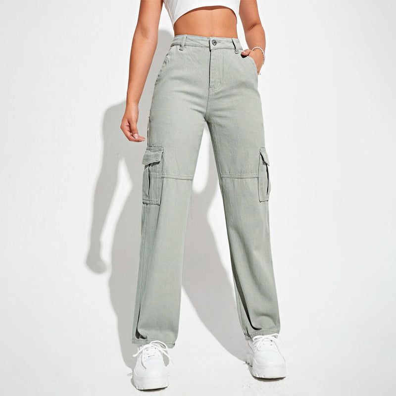 High Waist Flap Pockets Cargo Jeans