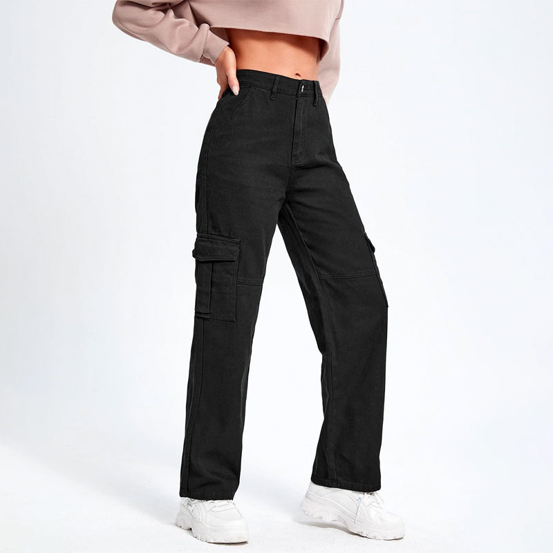 High Waist Flap Pockets Cargo Jeans