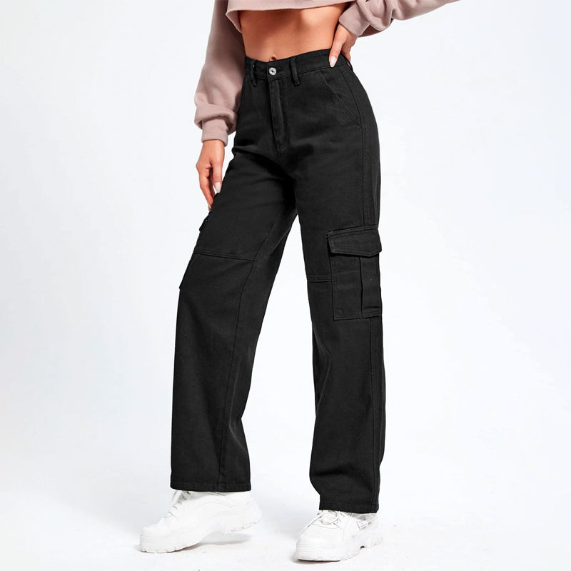 High Waist Flap Pockets Cargo Jeans