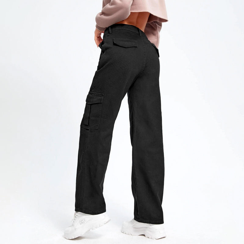 High Waist Flap Pockets Cargo Jeans