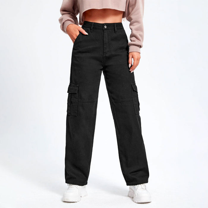 High Waist Flap Pockets Cargo Jeans