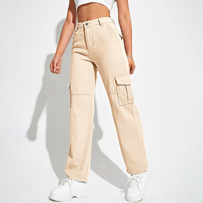 High Waist Flap Pockets Cargo Jeans