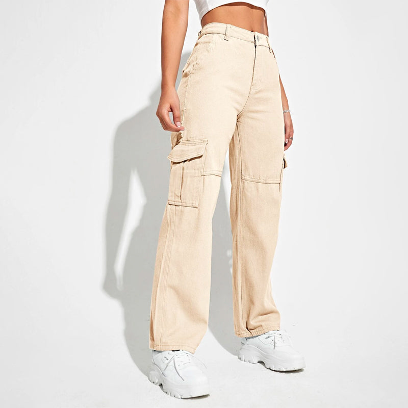 High Waist Flap Pockets Cargo Jeans