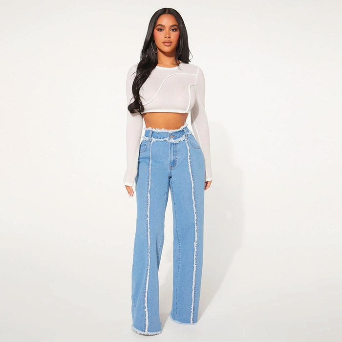 High Waist Frayed Trim Wide Leg Jeans