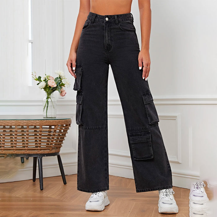 Plain Patterned High Waist Cargo Jeans