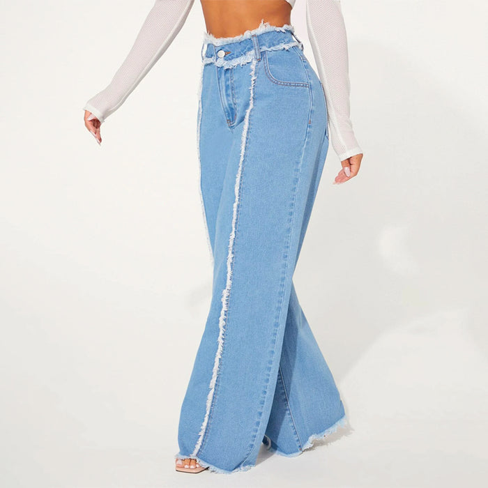 High Waist Frayed Trim Wide Leg Jeans