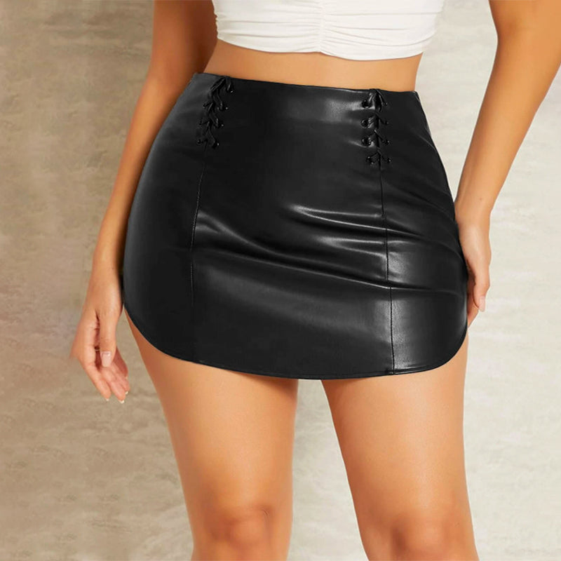 Crisscross Curved Hem PU Leather Skirt