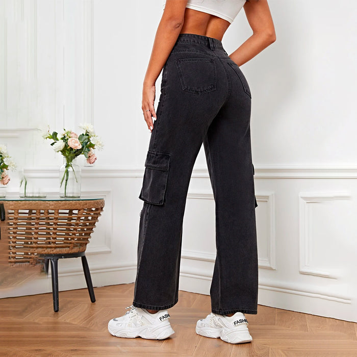 Plain Patterned High Waist Cargo Jeans