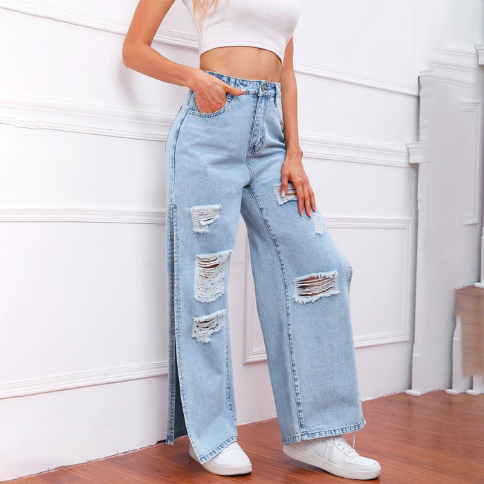 High Waist Ripped Slit Thigh Wide Leg Jeans