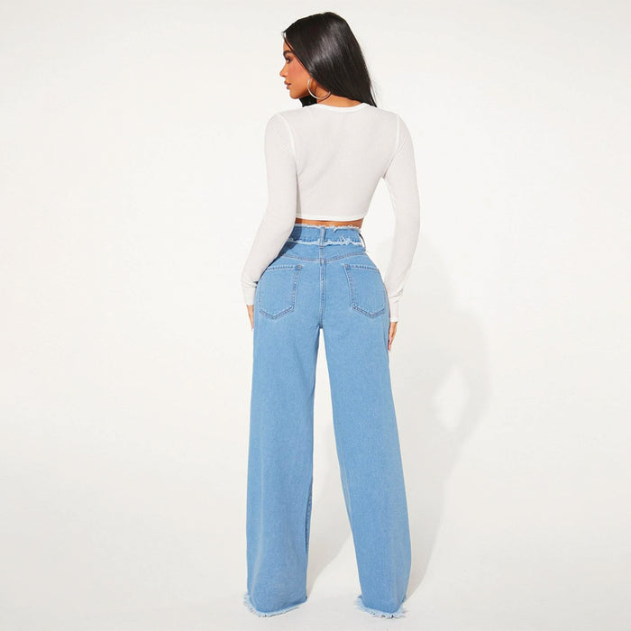 High Waist Frayed Trim Wide Leg Jeans