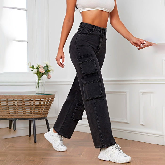 Plain Patterned High Waist Cargo Jeans