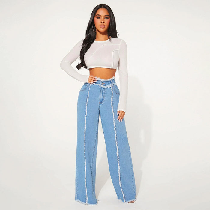 High Waist Frayed Trim Wide Leg Jeans