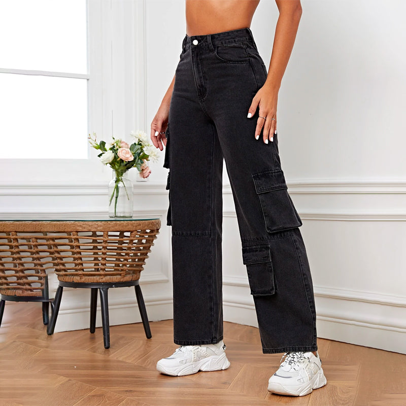 Plain Patterned High Waist Cargo Jeans