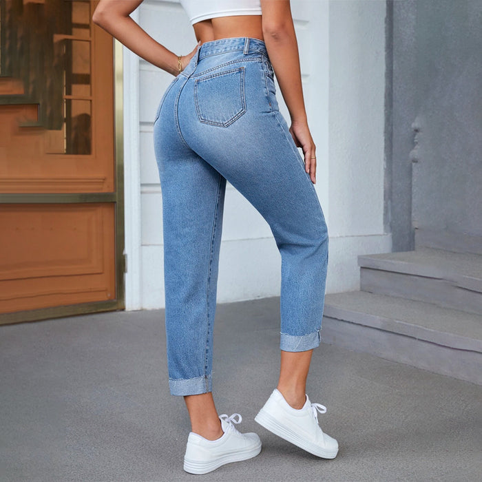 High Waist Bleach Wash Roll Hem Mom Fit Jeans