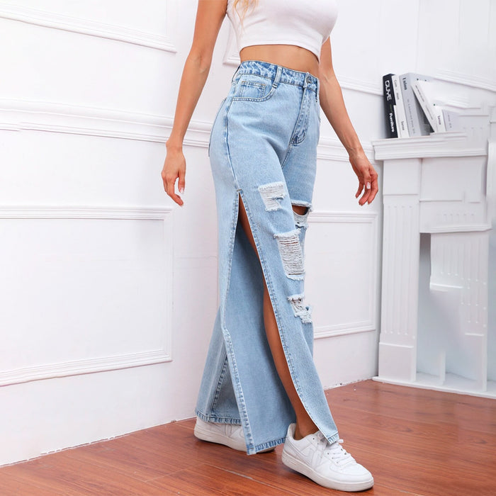 High Waist Ripped Slit Thigh Wide Leg Jeans