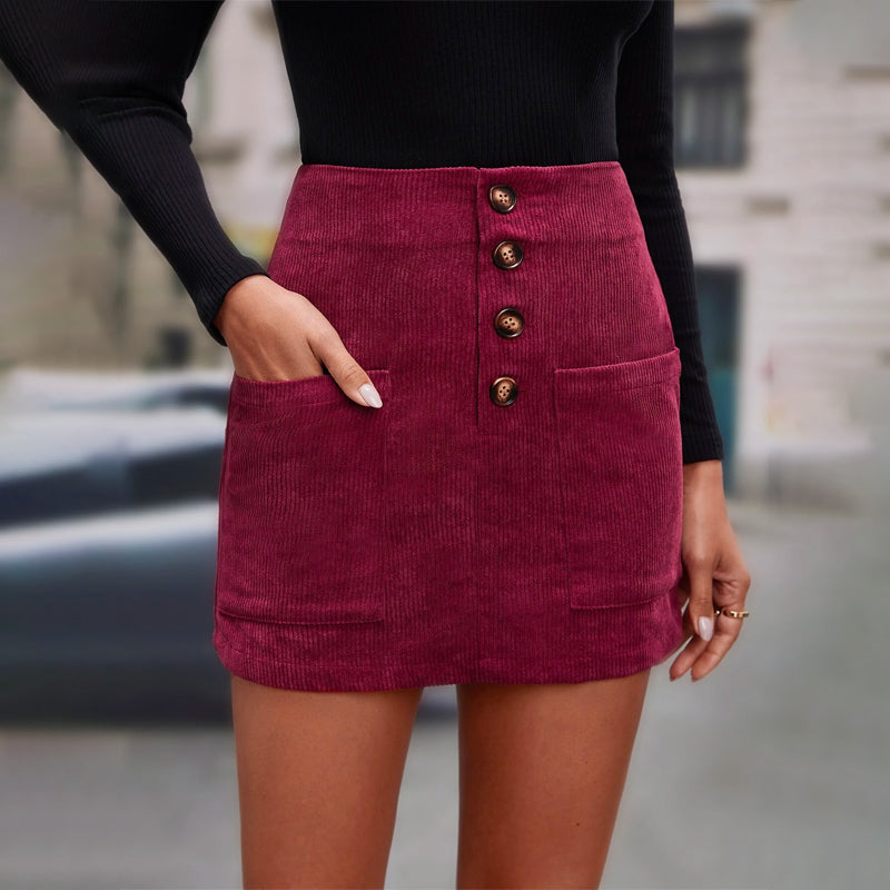 Dual Pocket Button Front Corduroy Skirt