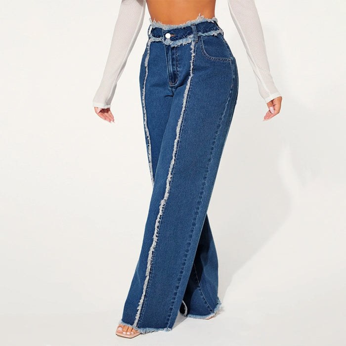 High Waist Frayed Trim Wide Leg Jeans