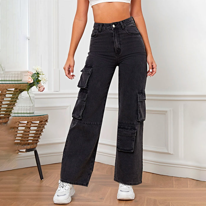 Plain Patterned High Waist Cargo Jeans