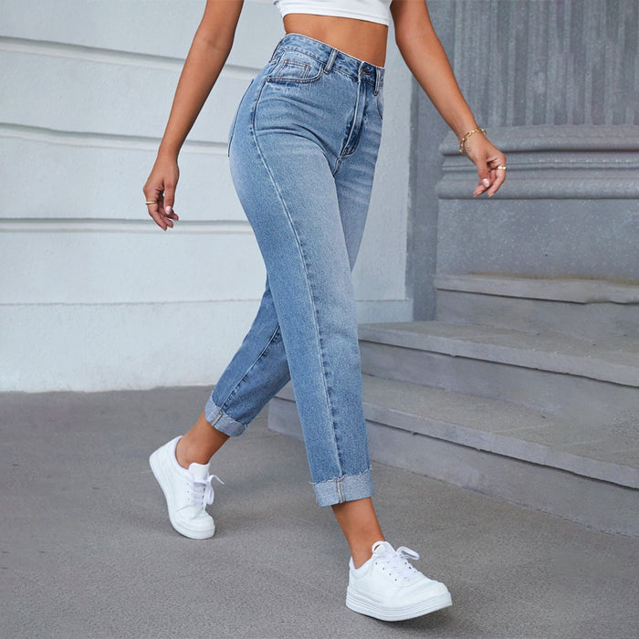 High Waist Bleach Wash Roll Hem Mom Fit Jeans