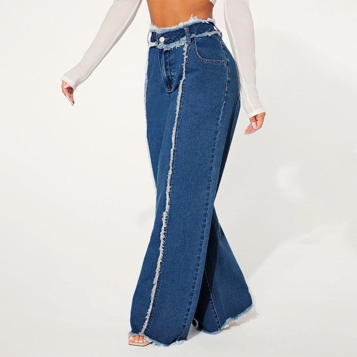 High Waist Frayed Trim Wide Leg Jeans