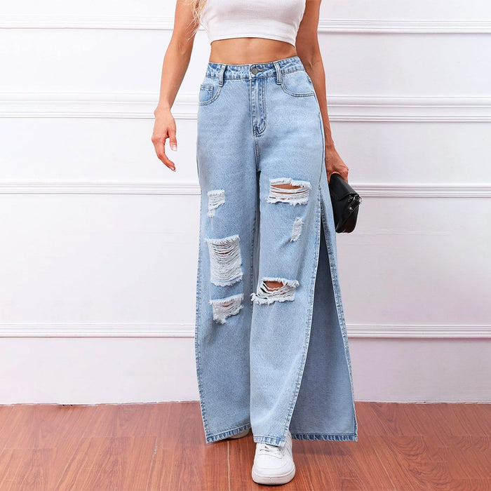 High Waist Ripped Slit Thigh Wide Leg Jeans