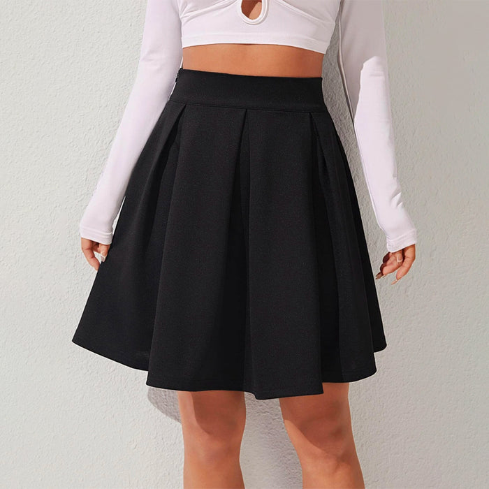 High Waist Solid Pleated Zipper Side Skirt