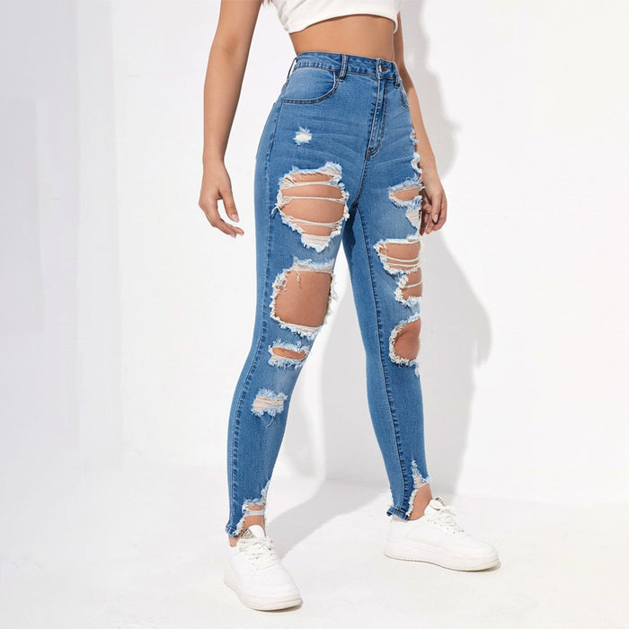 High Waisted Ripped Raw Hem Cutout Skinny Jeans