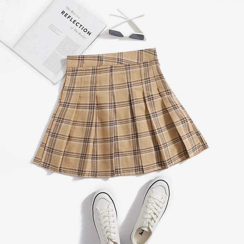 Plaid Print Fold Pleated Skirt