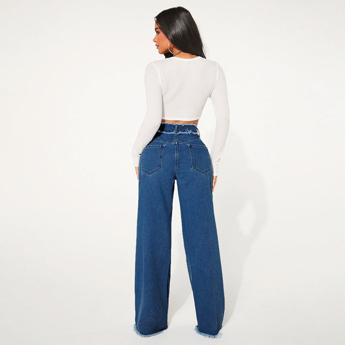 High Waist Frayed Trim Wide Leg Jeans